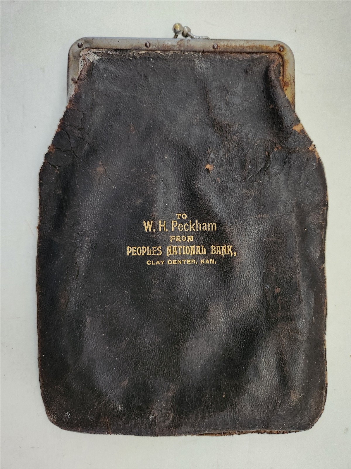 1910s antique W.H. PECKHAM clay center ks PEOPLES NATIONAL BANK leather purse