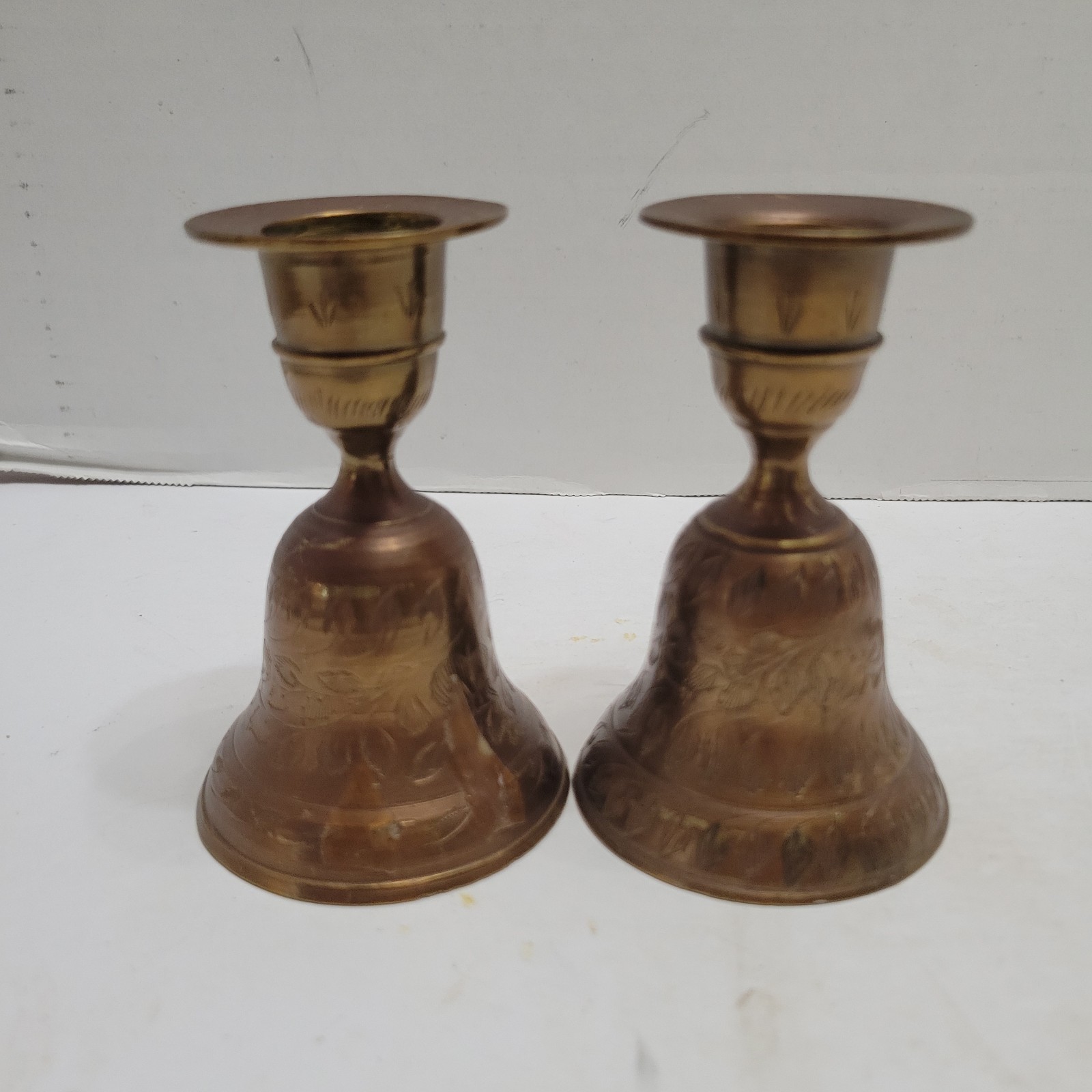 Vintage Set Of Brass Bells Candle Candlesticks Holders Etched Leaf Sarna India 