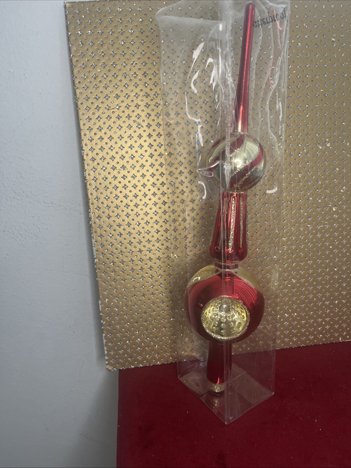 Vintage Red Gold Indented Reflector Shatterproof Christmas Tree Topper