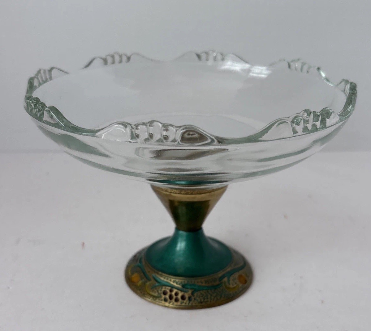 MCM Colonial A.H. Heisey Glass Hand Painted Renamed Brass Pedestal Wedding Dish