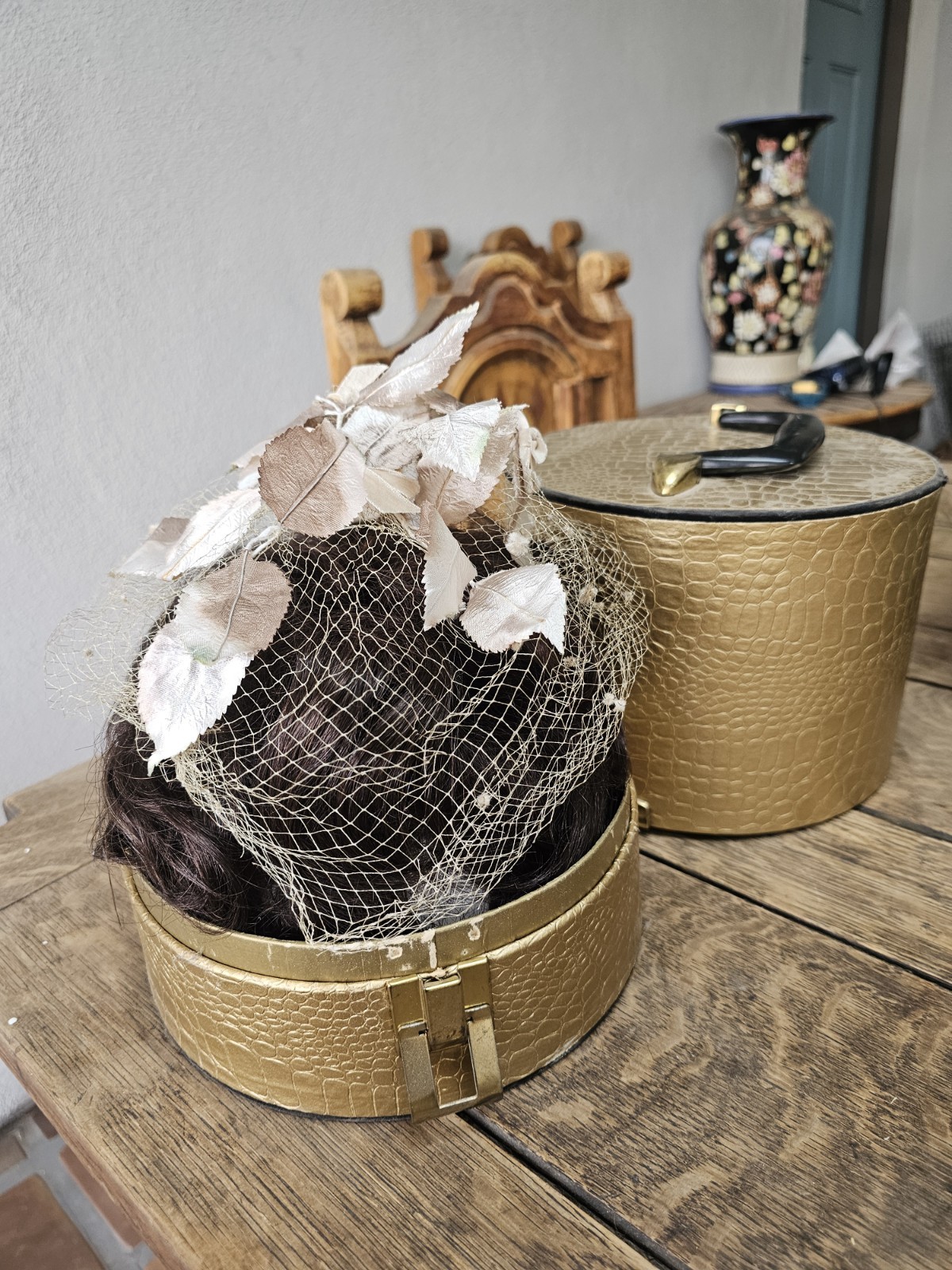 Antique Hat Box Human Hair Wig Netting Fascinator Hat