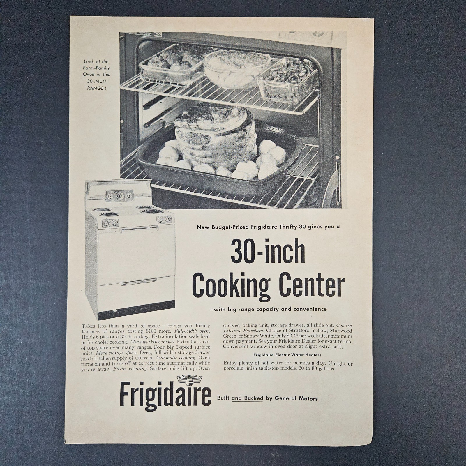 1955 Frigidaire Thrifty-30 Model Cooking Center Stove Range Vintage Print Ad GM