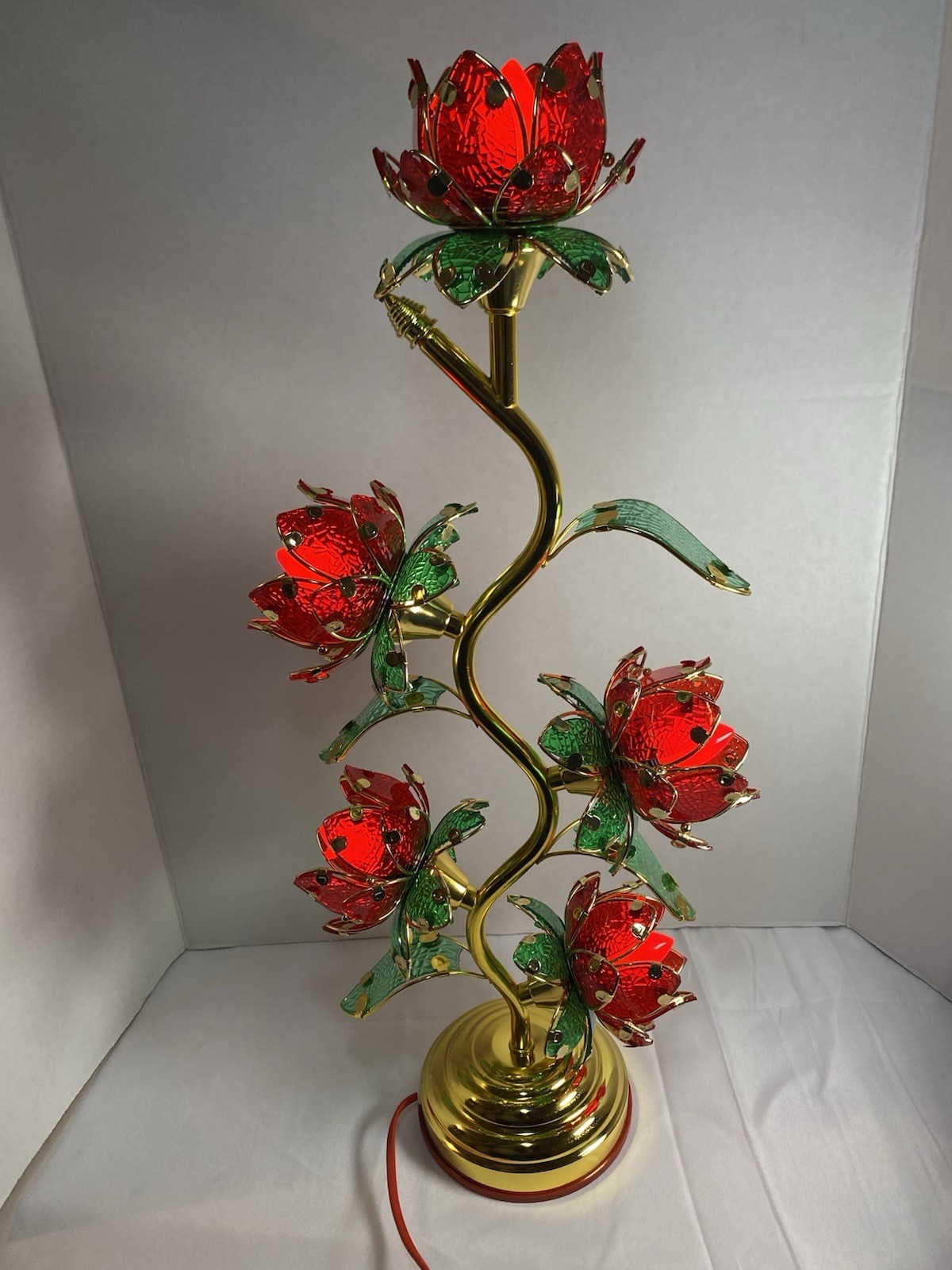 Large Ruby Red Lotus Flower Lamp Hollywood Regency VTG Inspired 5 Pods