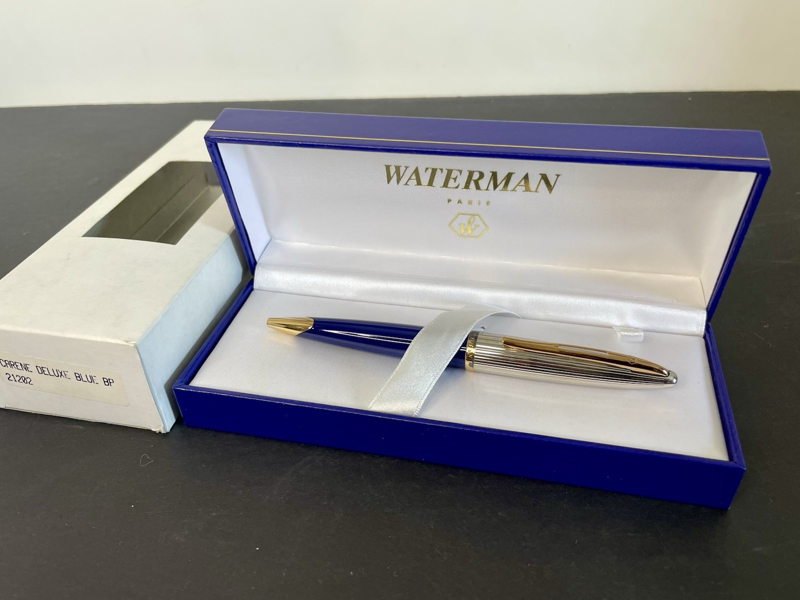 NIB Waterman Carene Deluxe Ball Pen Blue Laquuer/Silver w Gold Trim BP 21202