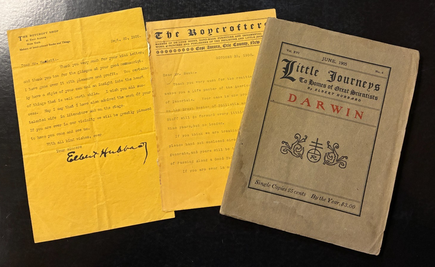 Elbert Hubbard  Roycroft  1900 & 1903  Signed Letters + Little Journeys Darwin