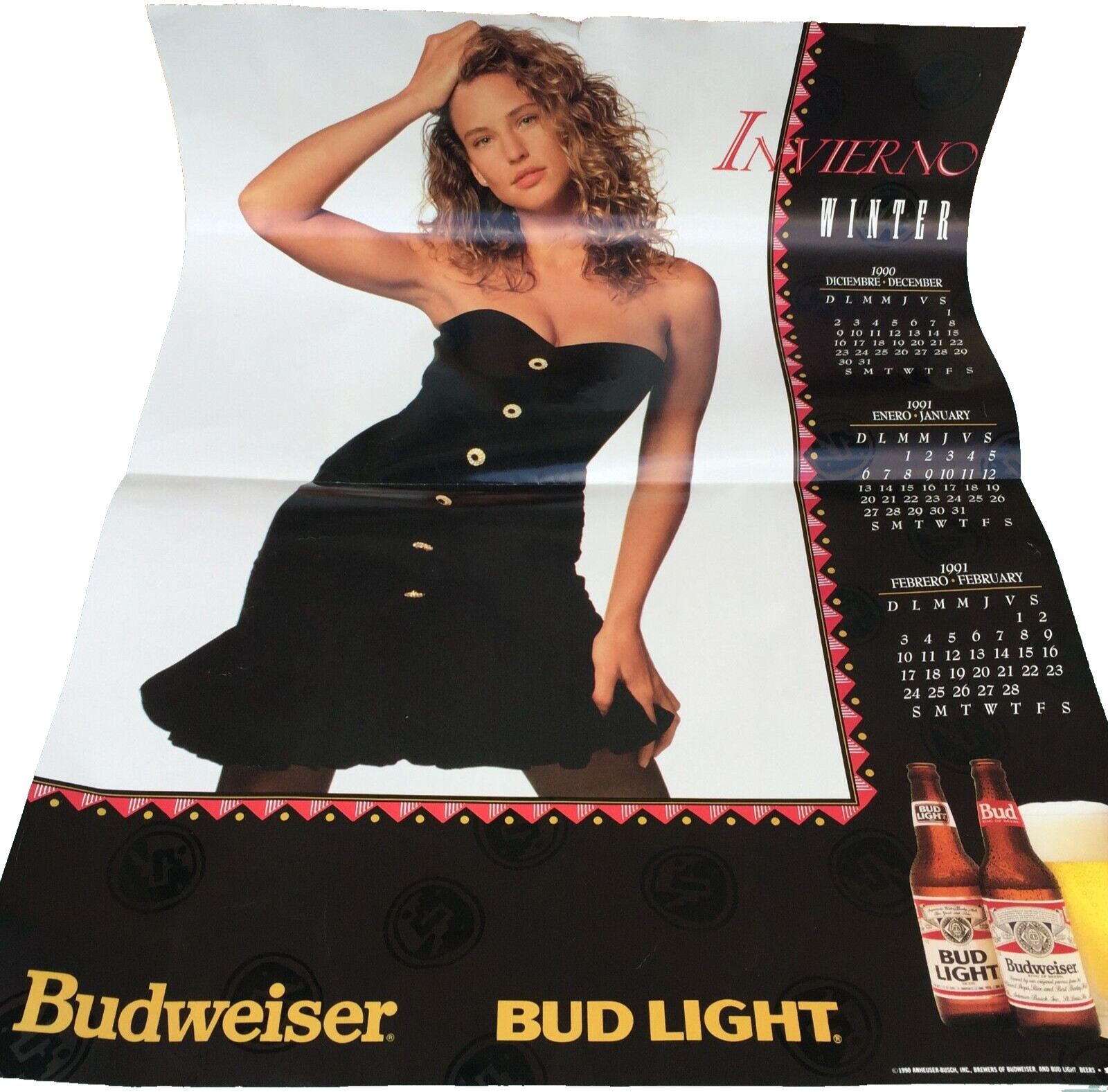 1990 Budweiser Bud Light Winter Calendar Poster Invierno Hot Girl Model Vintage 