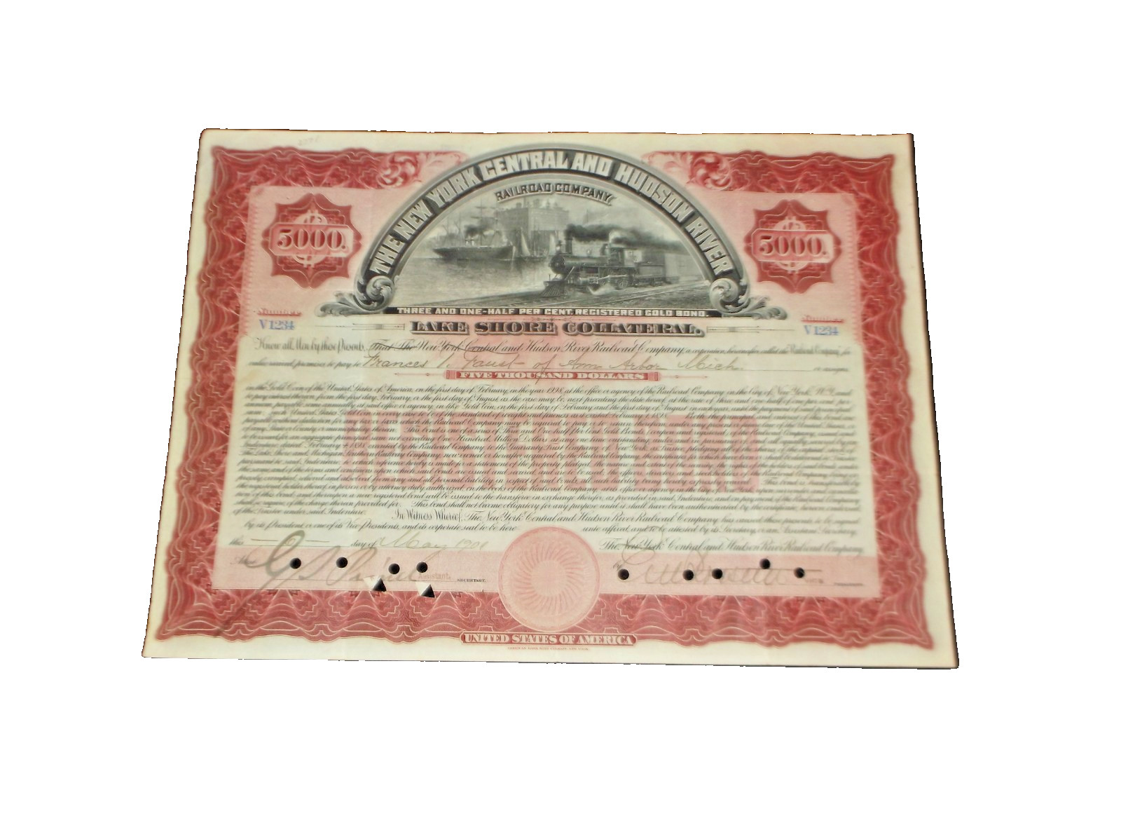 1901 NEW YORK CENTRAL & HUDSON RIVER NYC BOND CERTIFICATE #1234 LS&MS