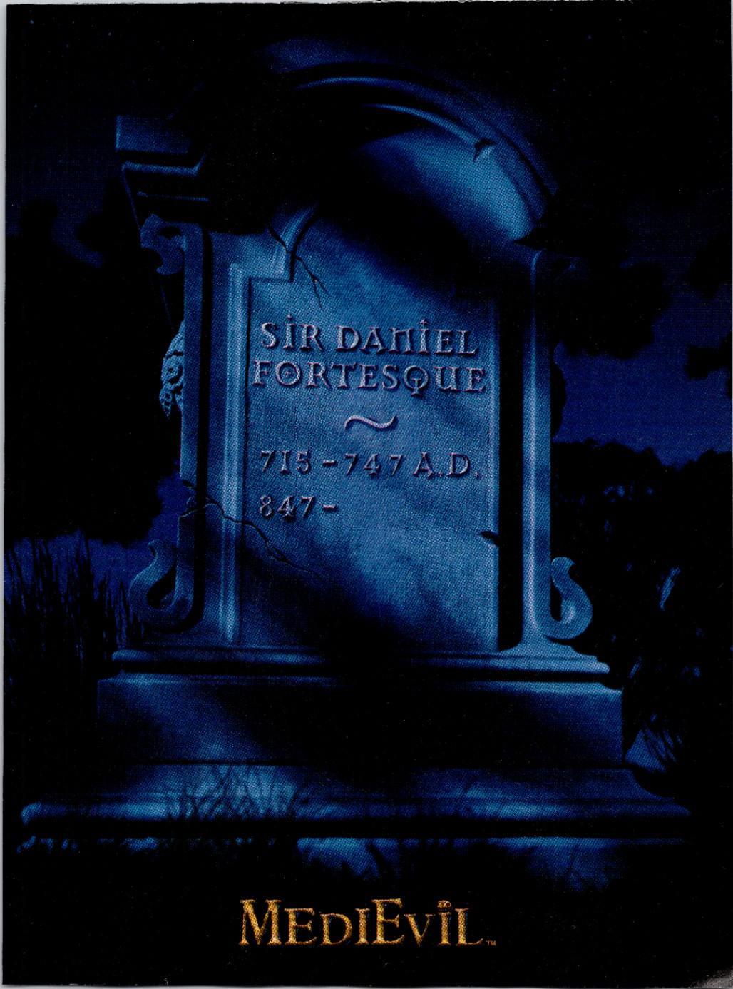 MediEvil Sir Daniel Fortesque Gravestone Promotional Print Card Dark Blue 1998 MediEvil Sir Daniel Fortesque Gravestone Promotional Print Card Dark Blue 1998