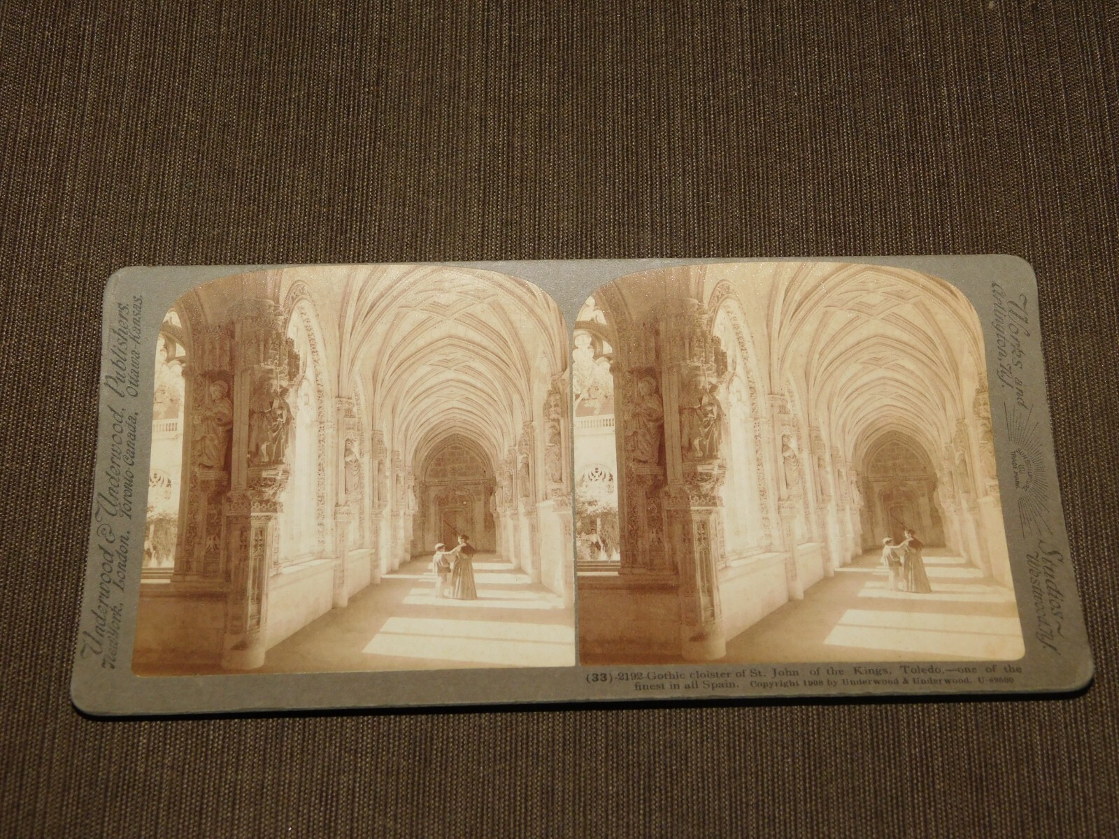 VINTAGE STEREOVIEW STEREOSCOPE CARD 1908 GOTHIC CLOISTER ST JOHN TOLEDO SPAIN