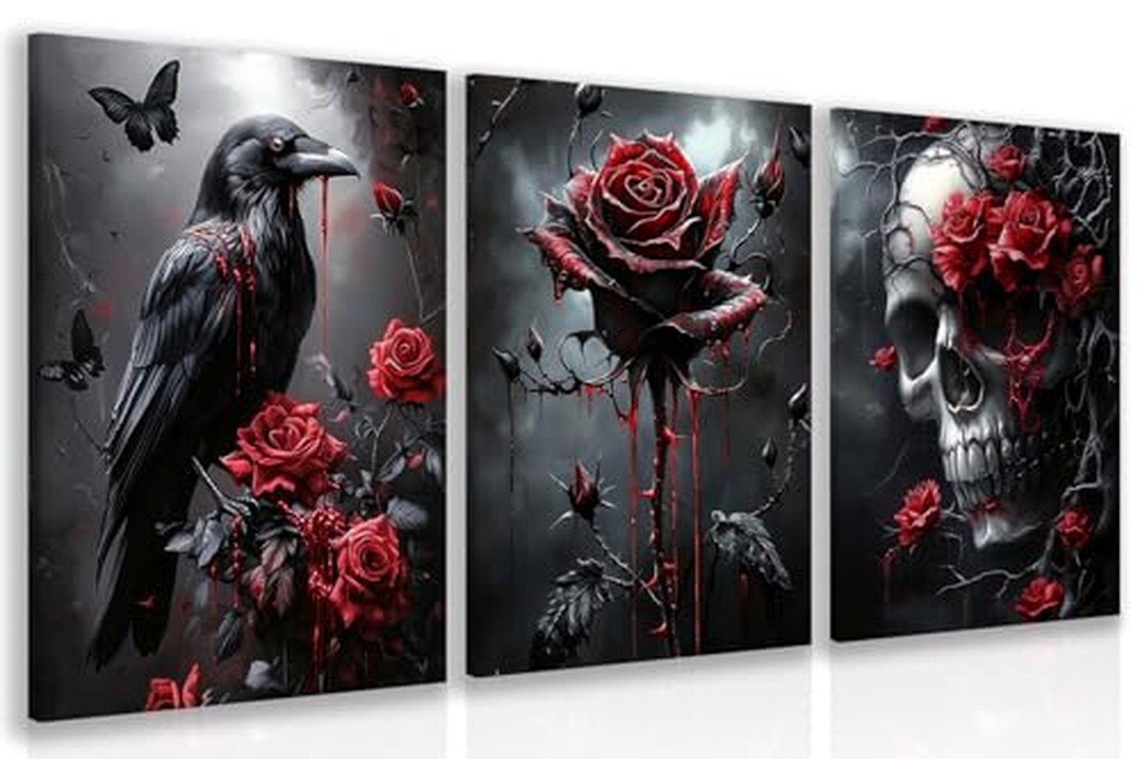 Hianan Wrapped Canvas Dark Goth Crow Rose Skull Wall Art Set of 3, 12x16 in