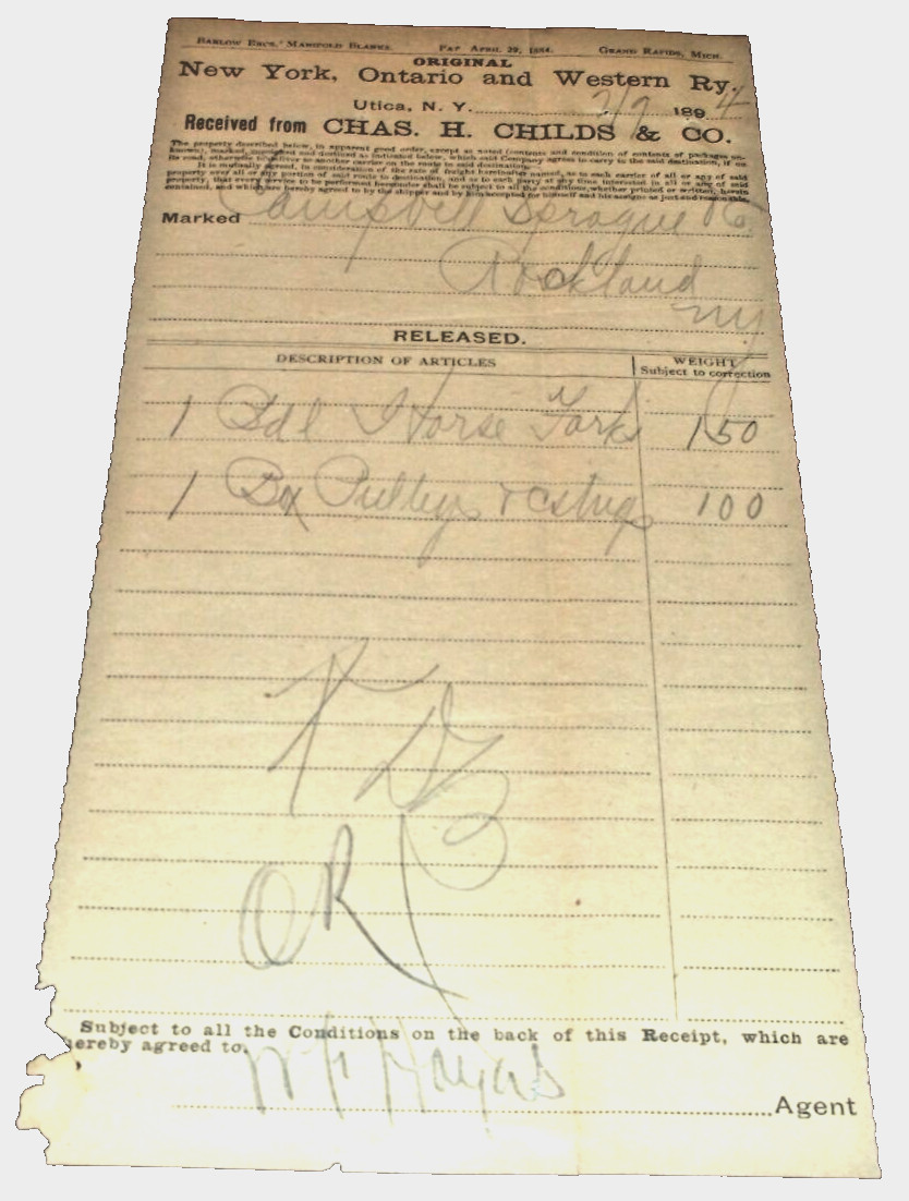 JULY 1894 NYO&W NEW YORK ONTARIO & WESTERN FREIGHT RECEIPT UTICA
