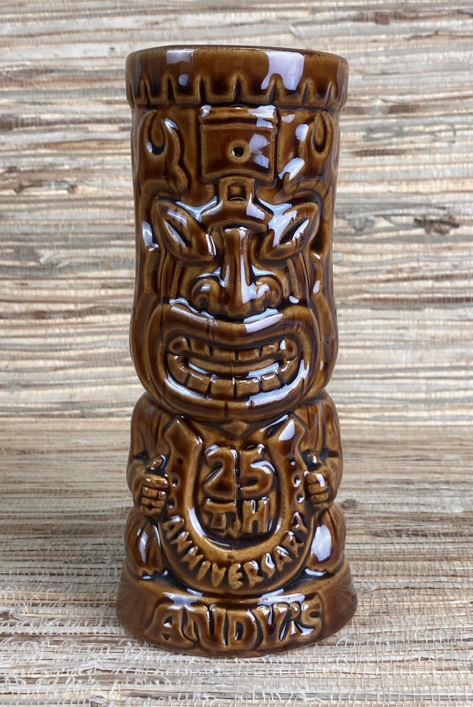 Andy\'s Place 25th Anniv Tiki Mug Tiki Farm Mr G 2013 Brown Glaze 7.25\