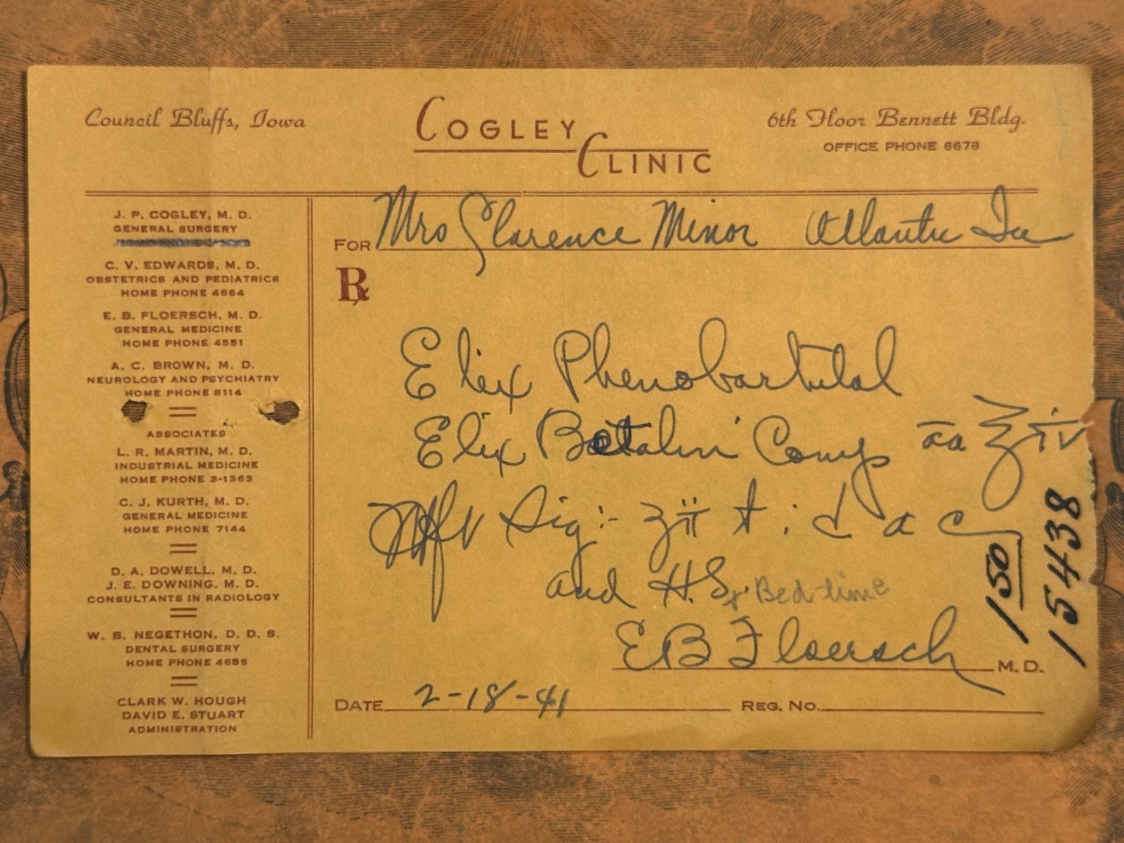 1941 prescription PHENOBARBITAL - Cogley Clinic Council Bluffs IA - Dr. Floersch