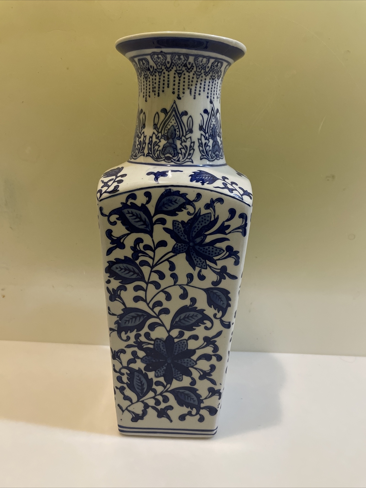 Rare-Vintage Blue and White Chinoiserie Vase 13” Tall-Square Base-beautiful Rare-Vintage Blue and White Chinoiserie Vase 13” Tall-Square Base-beautiful