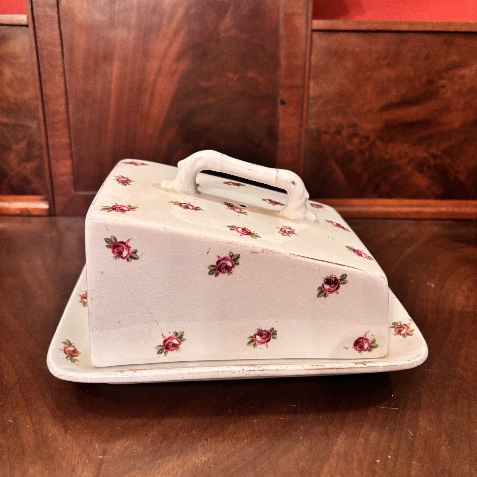 Antique Grimwades Stoke on Trent England Rose Floral Cheese Butter Dish & Cover