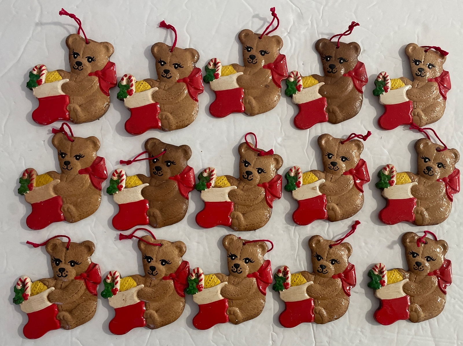VTG HandPainted Ceramic Teddy Bear Stocking Red Bow Christmas Ornaments Lot 15