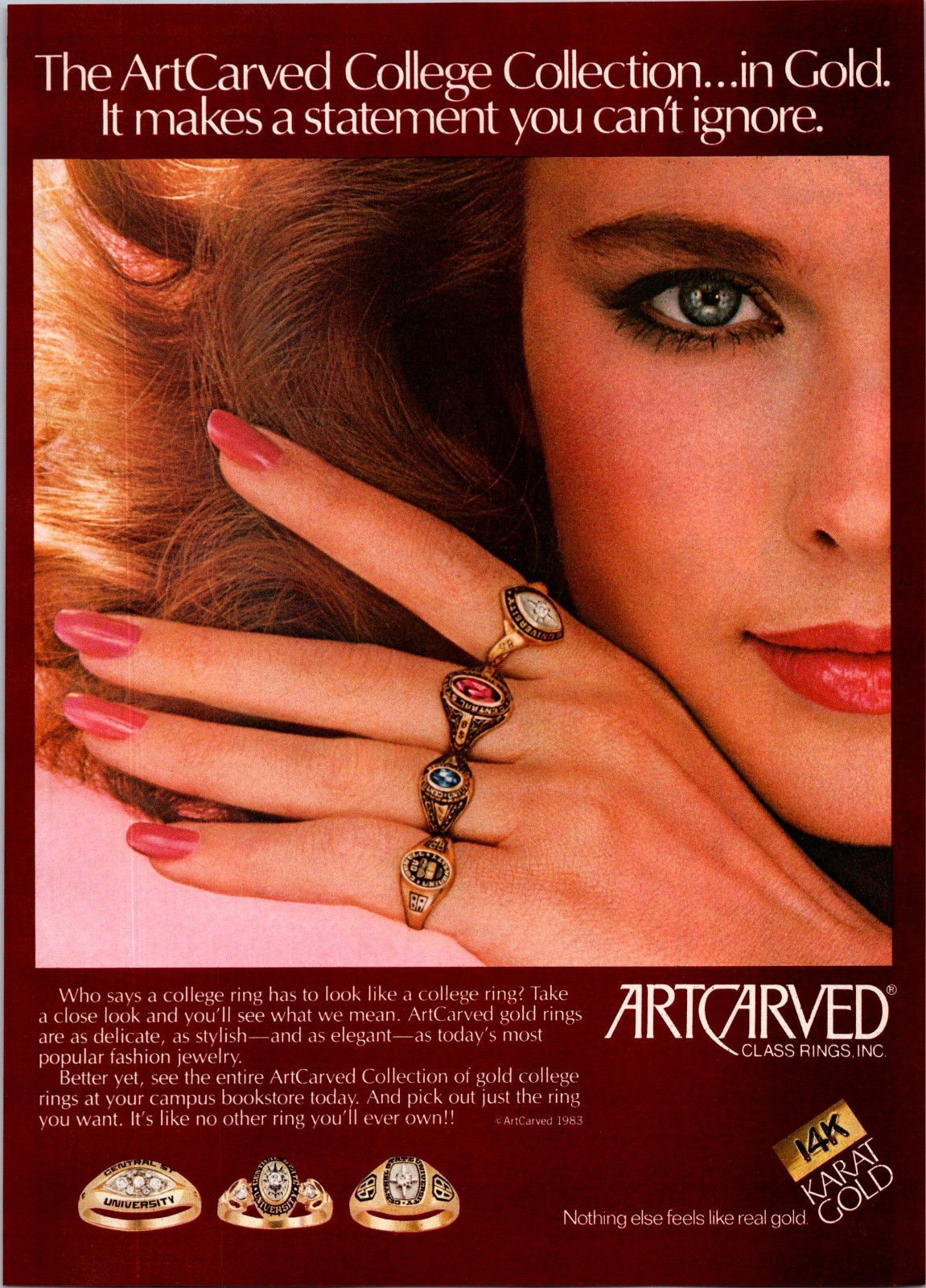 1983 •ARTCARVED Class Rings 14K Karat Gold  Print Ad • 80s Fashion HA.38