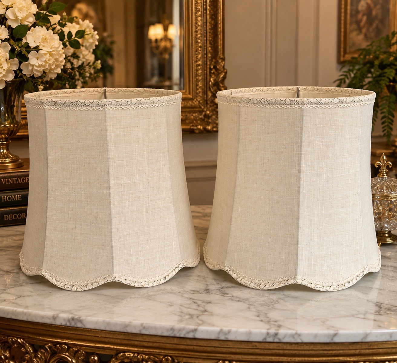 Vintage Pair Ivory Scalloped Lamp Shades Lace Trim Large Spider Fitter 15” Vintage Pair Ivory Scalloped Lamp Shades Lace Trim Large Spider Fitter 15”