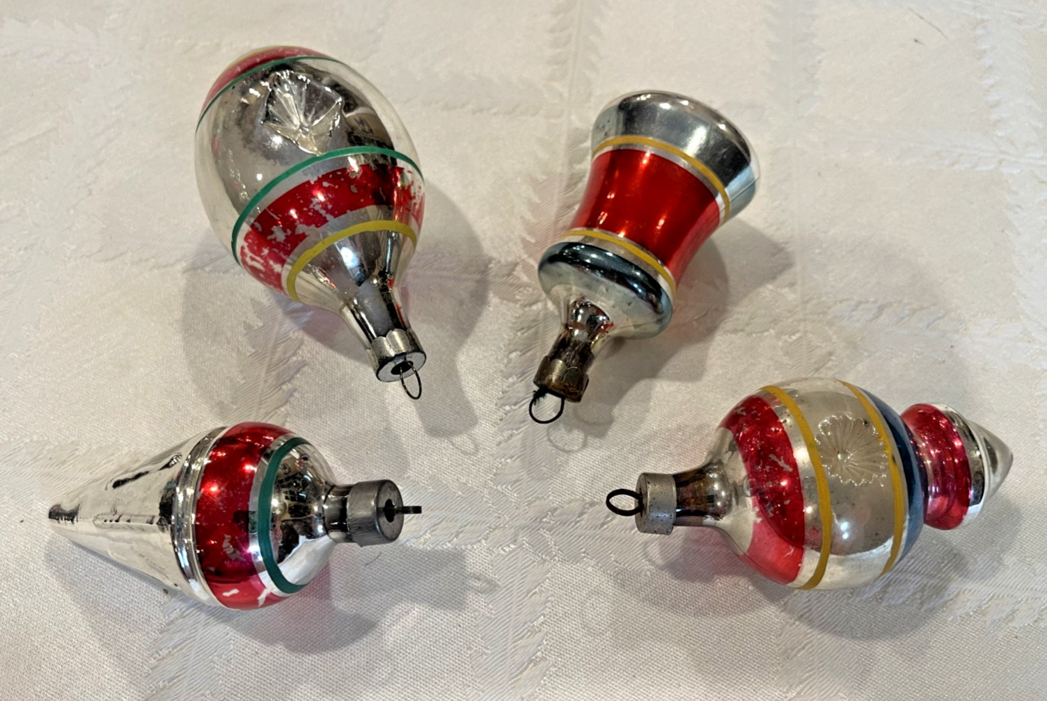 4 Vintage Premier Christmas Ornaments Torpedo, Teardrop, Bell, Spear, dbl Indent 4 Vintage Premier Christmas Ornaments Torpedo, Teardrop, Bell, Spear, dbl Indent