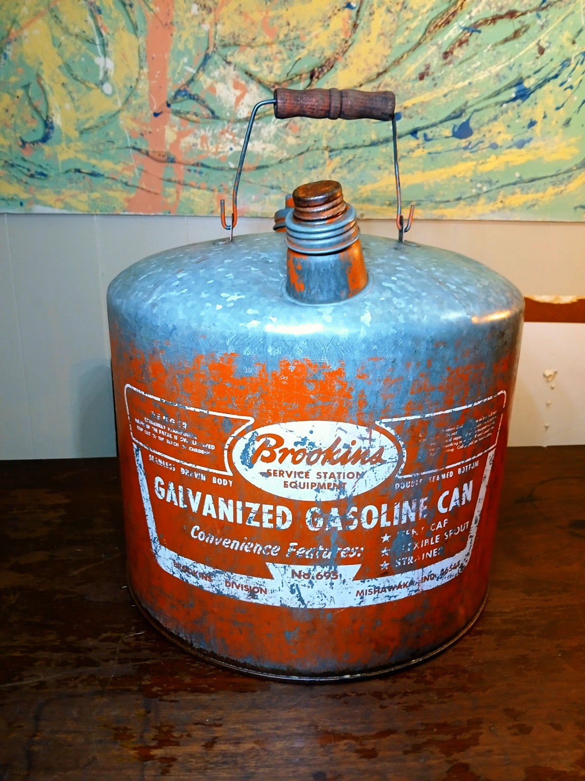 Vintage Brookins No 695 Galvanized Gasoline Can Metal Gas Oil Service Station