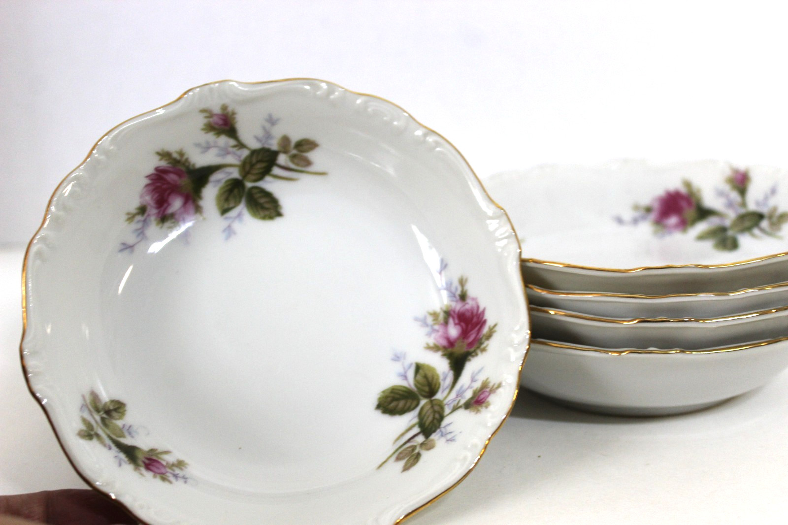 Vintage Noritake Rosemarie China Set of 8 Embossed Berry Bowls HTF Pink Rosettes