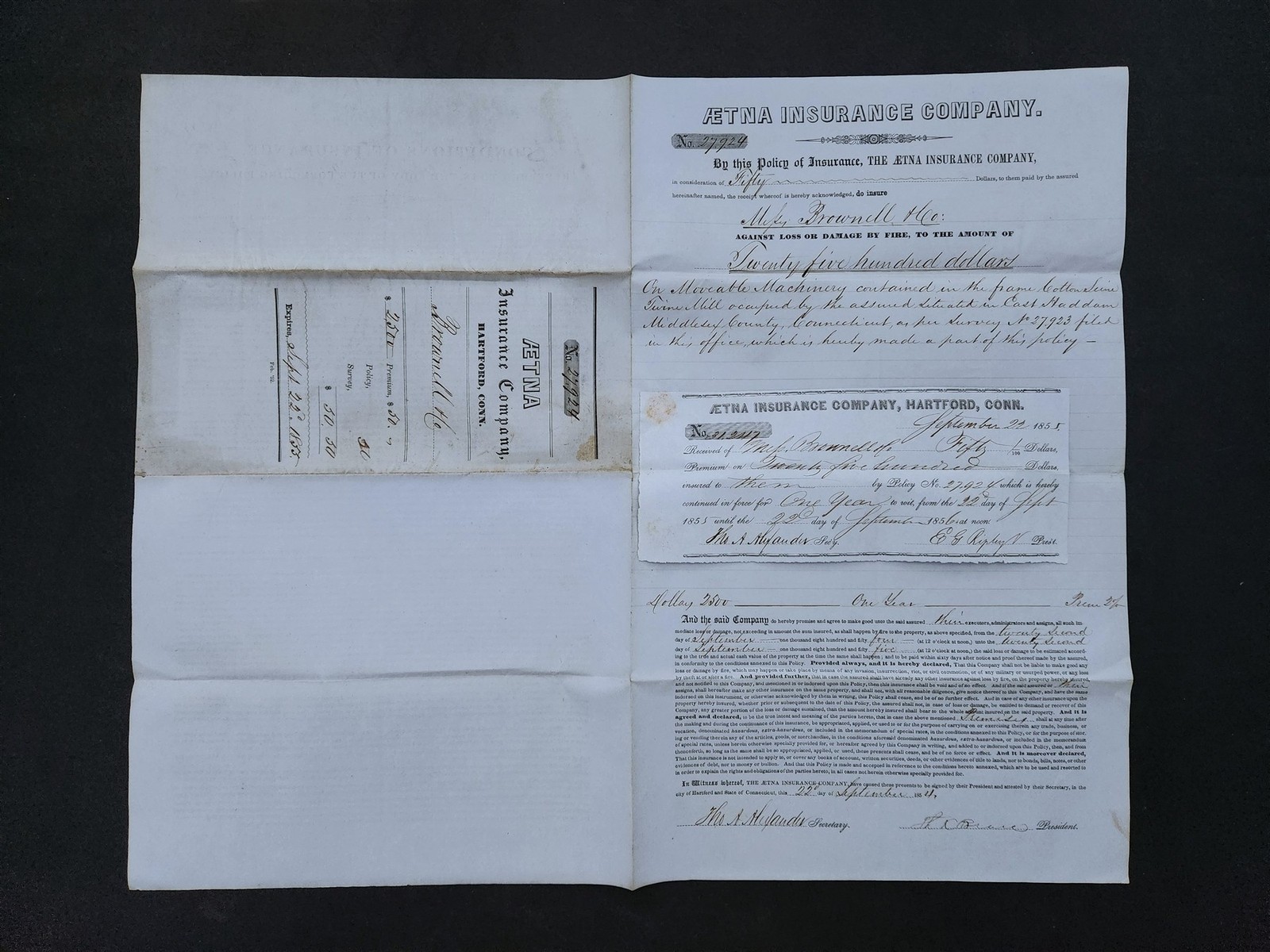 1855 antique FIRE INSURANCE POLICY east haddam ct COTTON TWINE MILL E.P BROWNELL