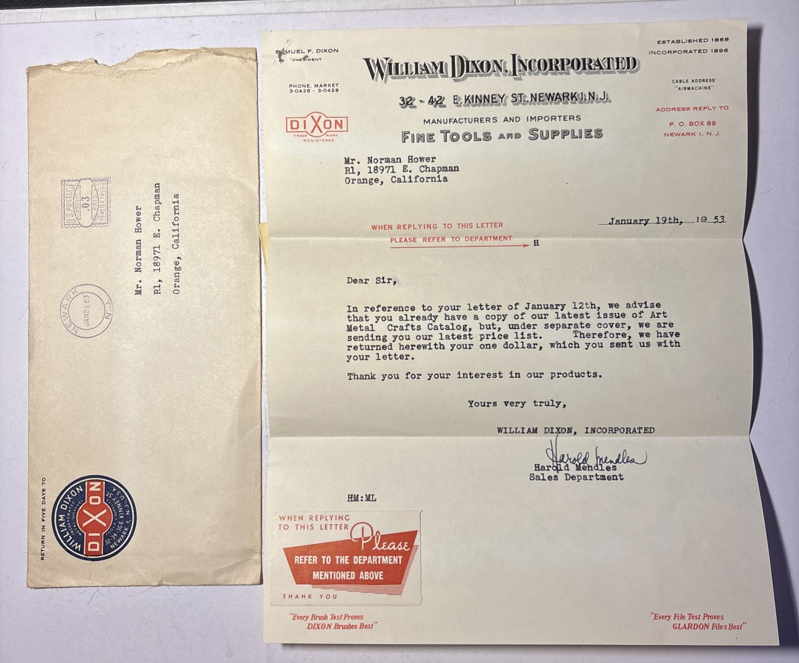 1953 William Dixon Inc Newark NJ Vintage Business Letter Ephemera Antique Tools