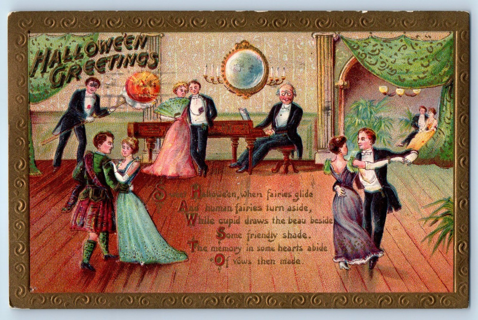 1911 Halloween Greetings Couple Dancing Party Jack O Lantern Embossed Postcard