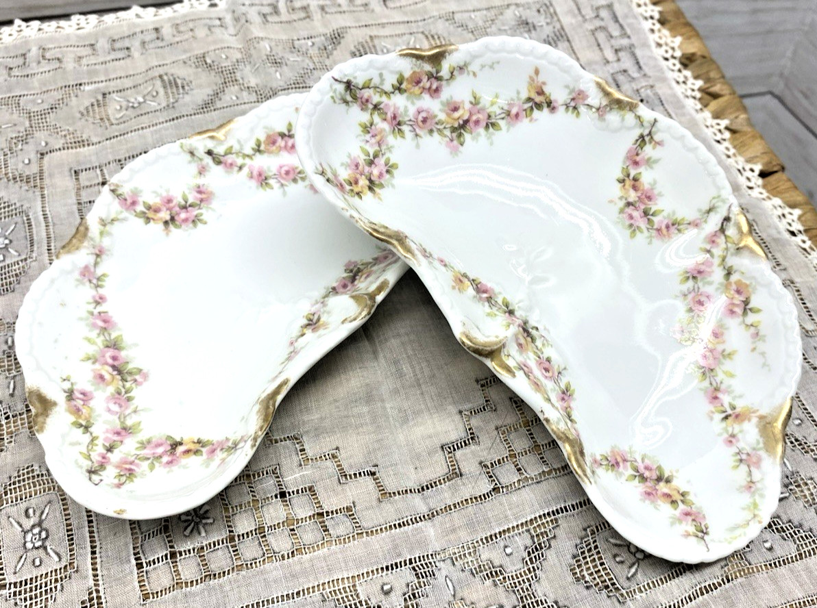Antique 2 Bone Dishes Haviland Limoges France Pink Floral Roses Garland Scallop Antique 2 Bone Dishes Haviland Limoges France Pink Floral Roses Garland Scallop