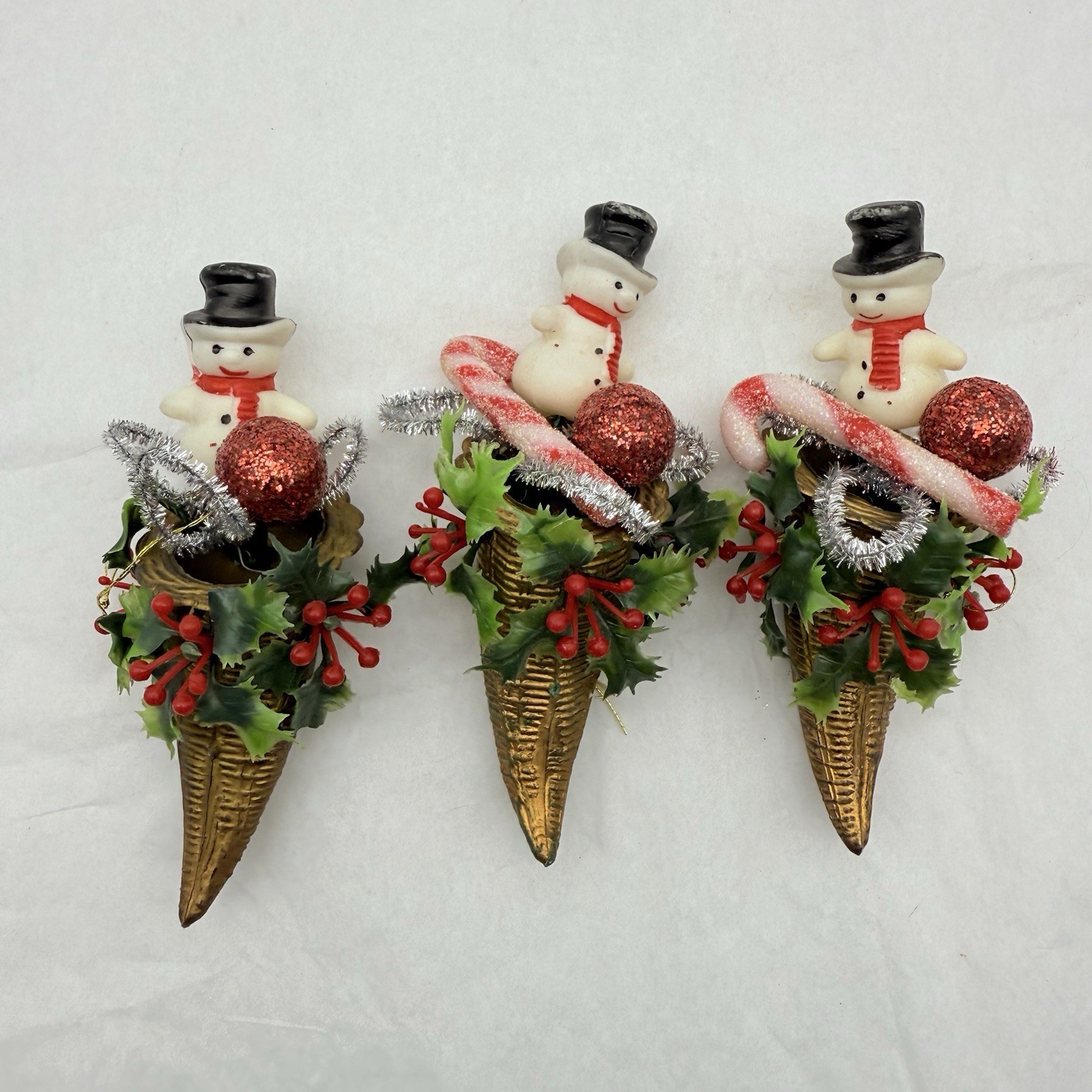Vintage Cornucopia Holly Snowman Candy cane  Christmas Ornaments Set 3