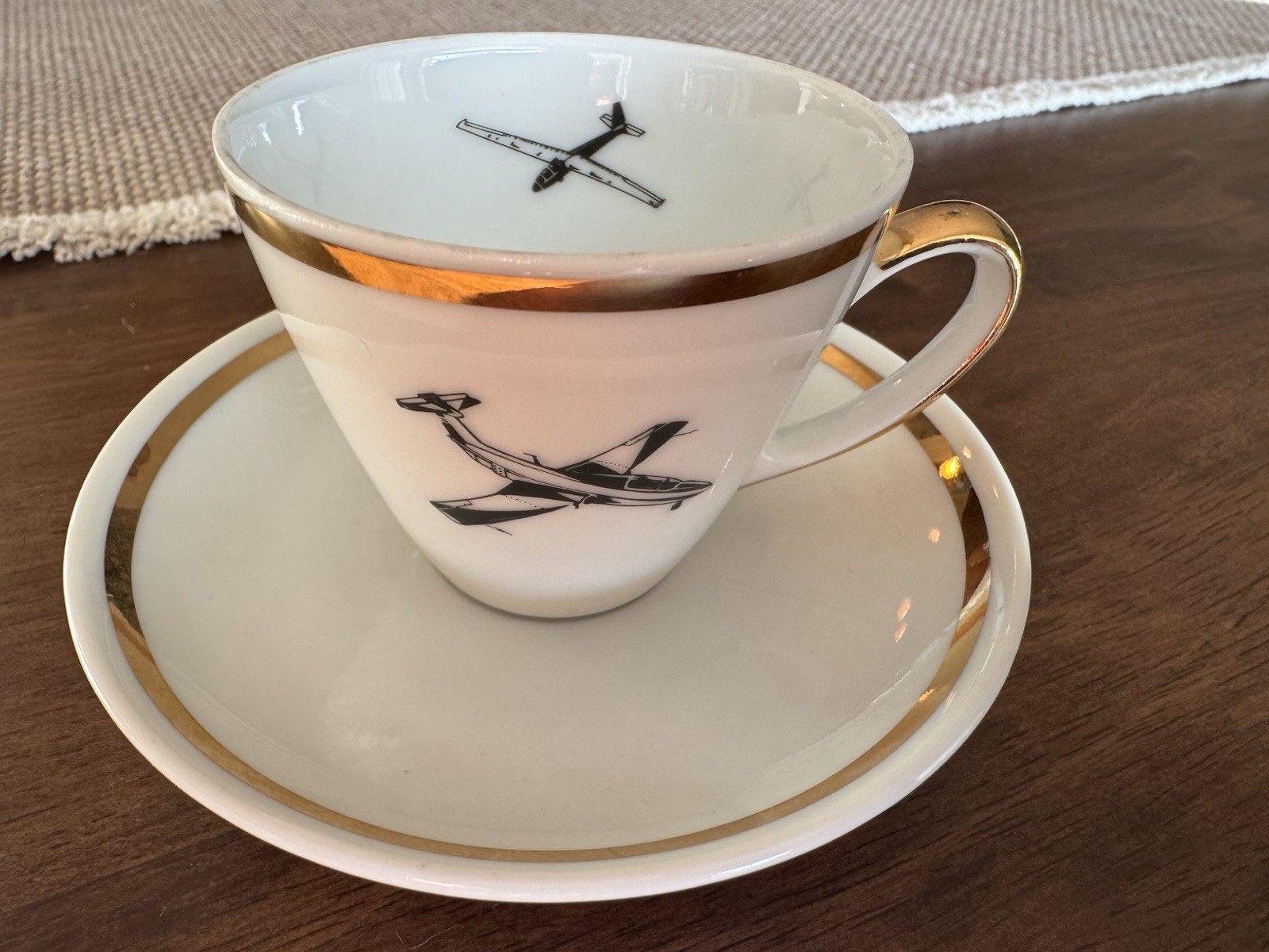 Vintage Bauscher Weiden Aviation Demitasse Cups & Saucers Set of 6 Gold Rim