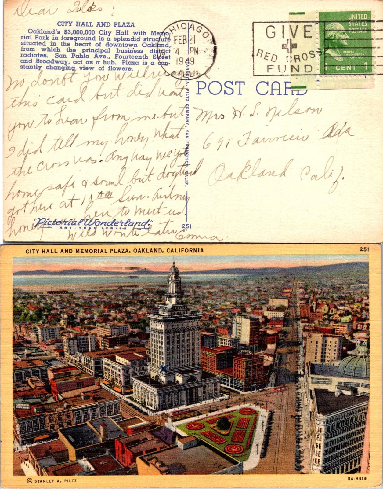 Vintage California City Hall Memorial Plaza Oakland CA Postcard Used 50896
