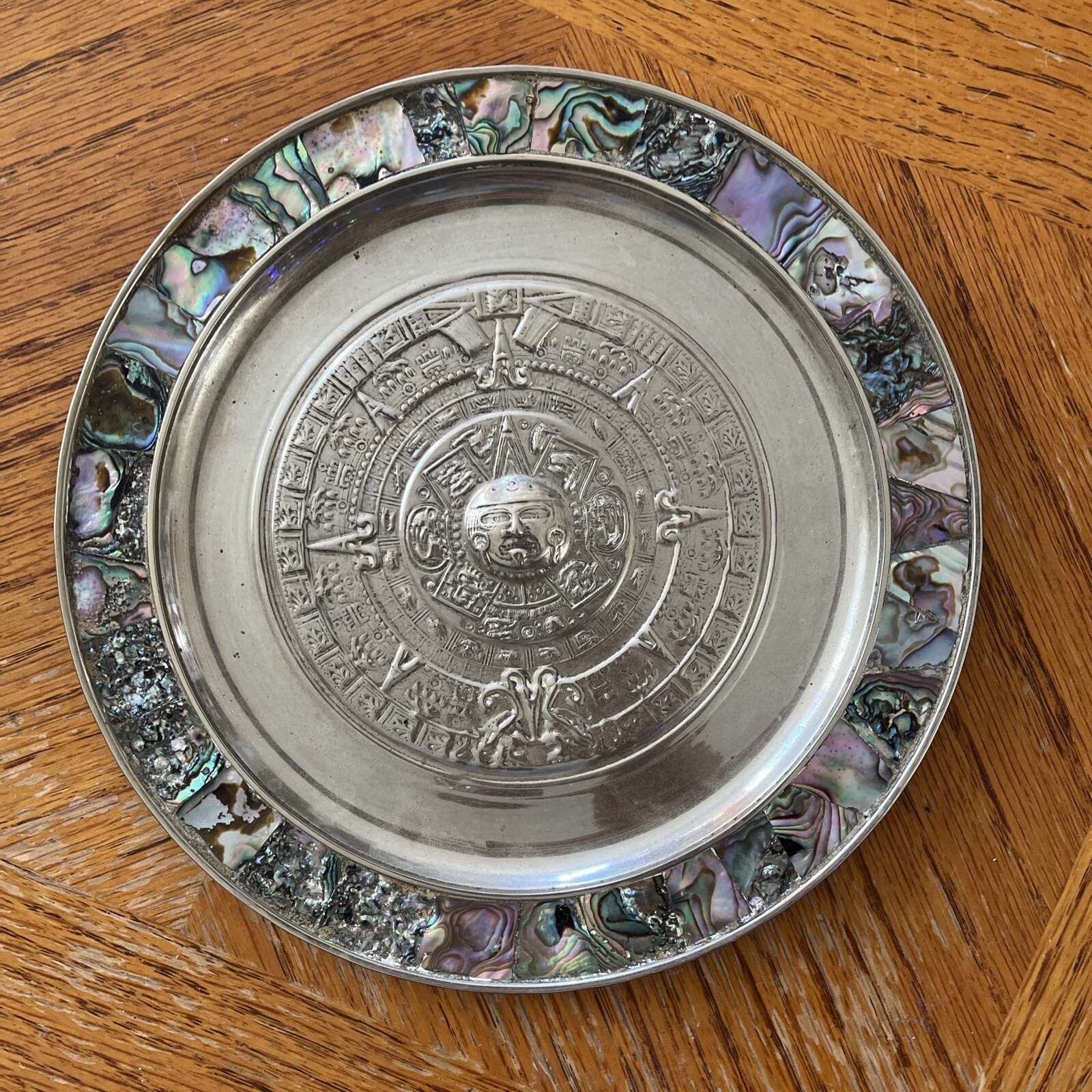Vintage Mexico Alpaca Silver Aztec Mother Pearl Abalone Shell Calendar Plate
