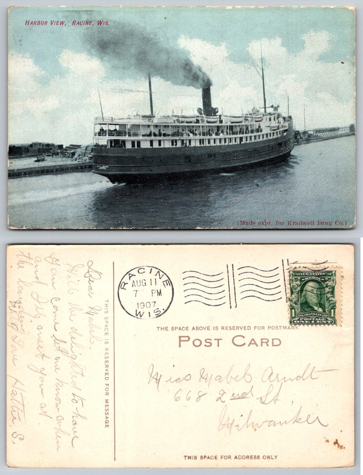 Racine Wisconsin Harbor View Steamboat Ship Postcard Racine Wisconsin Harbor View Steamboat Ship Postcard