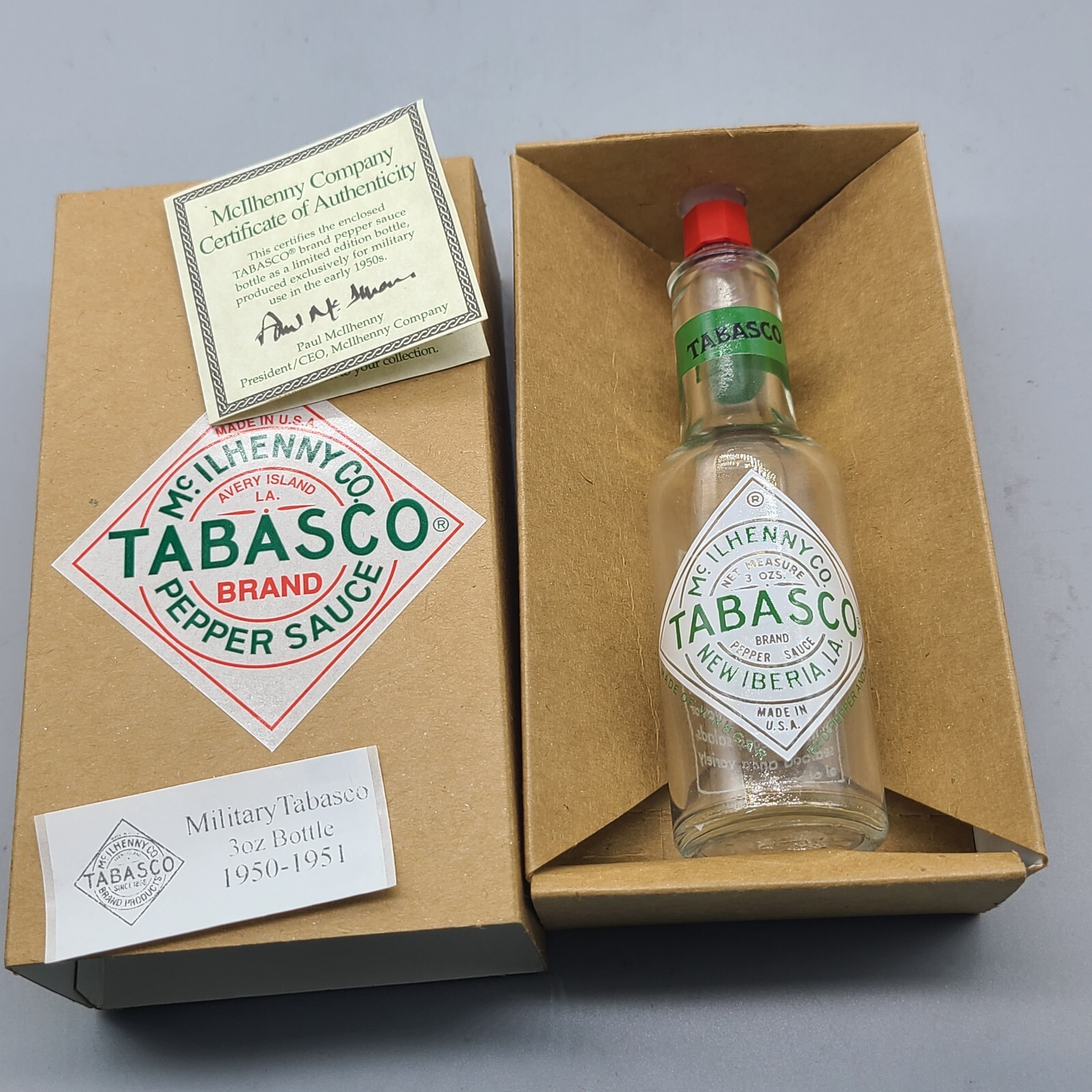 Vintage 1950 Tabasco Military Issued Limited Edition Bottle 3 oz New Box Vintage 1950 Tabasco Military Issued Limited Edition Bottle 3 oz New Box