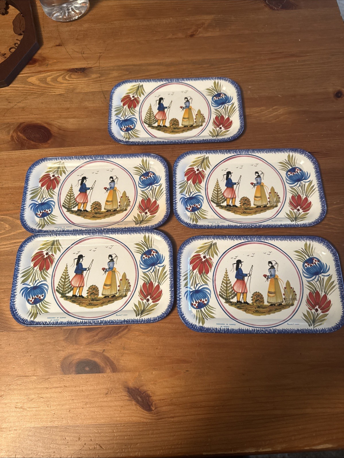 Vintage Henriot Quimper Massilly Snack Trays Set Of 5 Small Metal Tin France