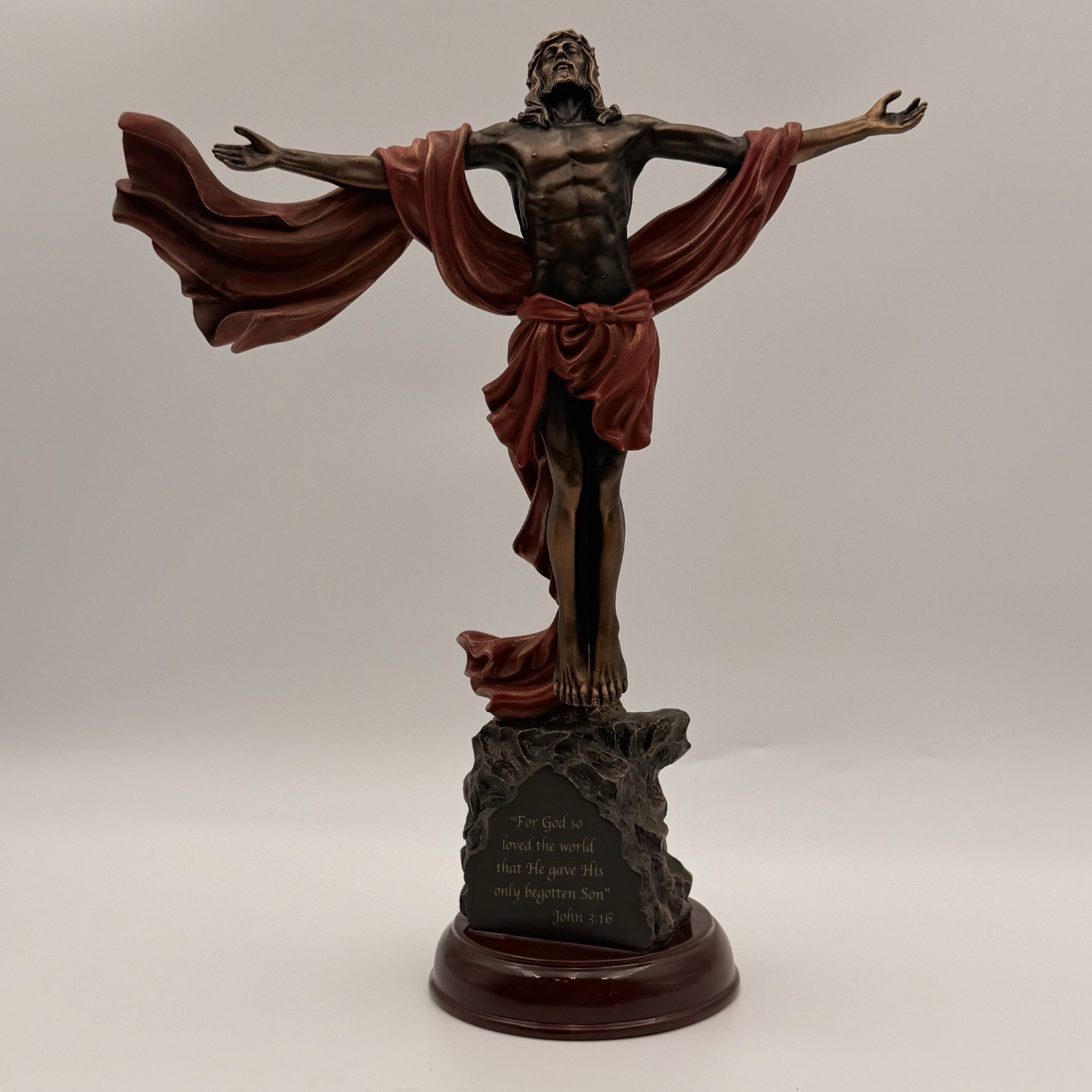 Resurrection of Jesus Christ Figurine Bronze Finish John 3:16 Religious Statue