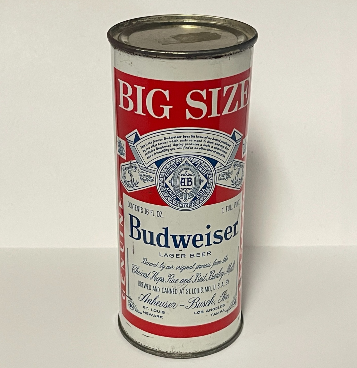 16 OZ BUDWEISER LAGER BEER FLAT TOP CAN  by Busch St Louis MISSOURI  BIG SIZE