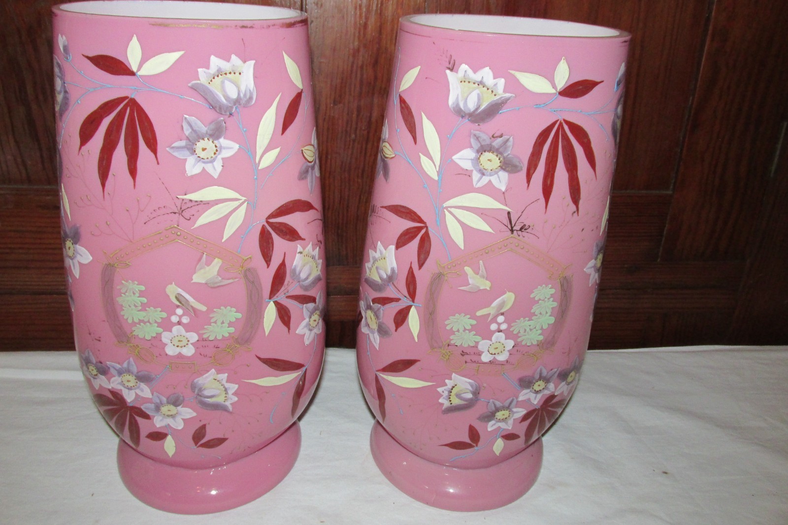 Antique Cased Pink HAND PAINTED Victorian Vases Pair Vintage 11 3/4\ Antique Cased Pink HAND PAINTED Victorian Vases Pair Vintage 11 3/4\