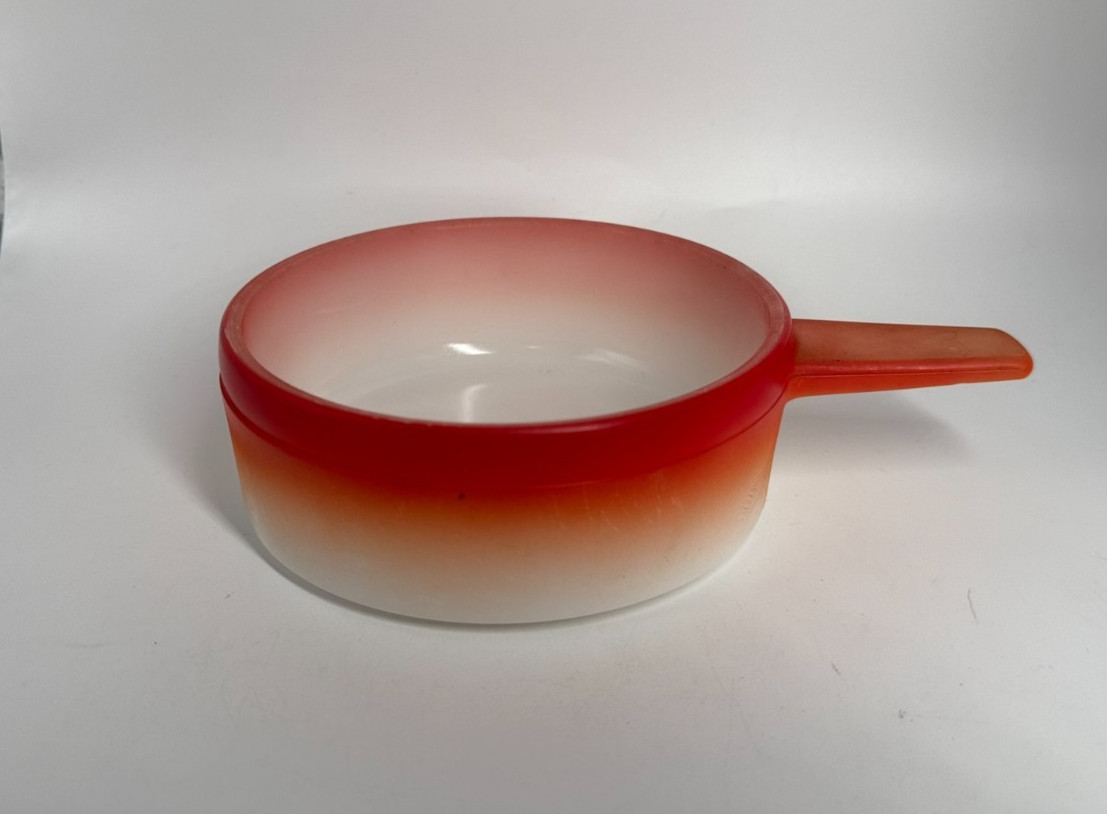 Vintage Orange & White Milk Glass 14oz French Casserole Handled Soup Bowl J-2639