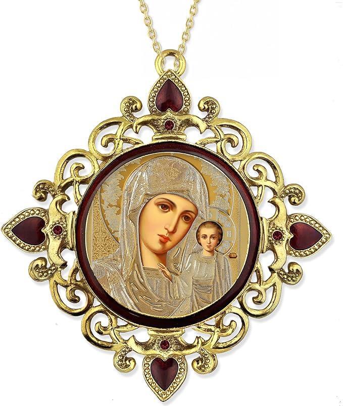 Two Toned Madonna and Child Hanging Russian Orthodox Rhinestone Framed Icon 4 In Two Toned Madonna and Child Hanging Russian Orthodox Rhinestone Framed Icon 4 In