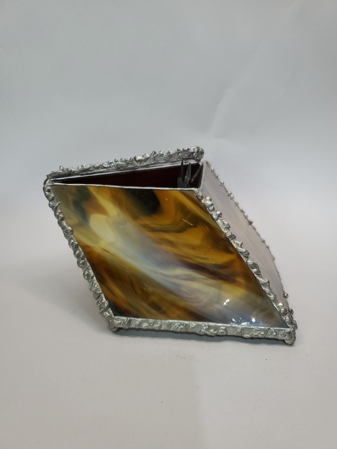 Leaded Slag Glass Hinged Trinket Box Marbeled Brown