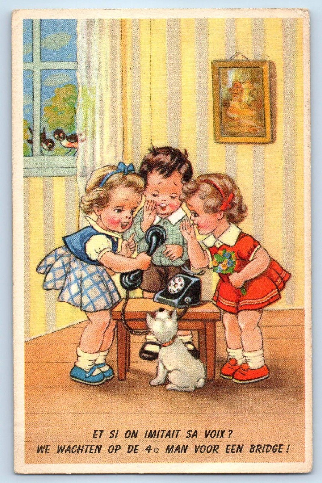 c1930\'s Childrens With Telephone Cat Birds On Window Vintage Posted Postcard