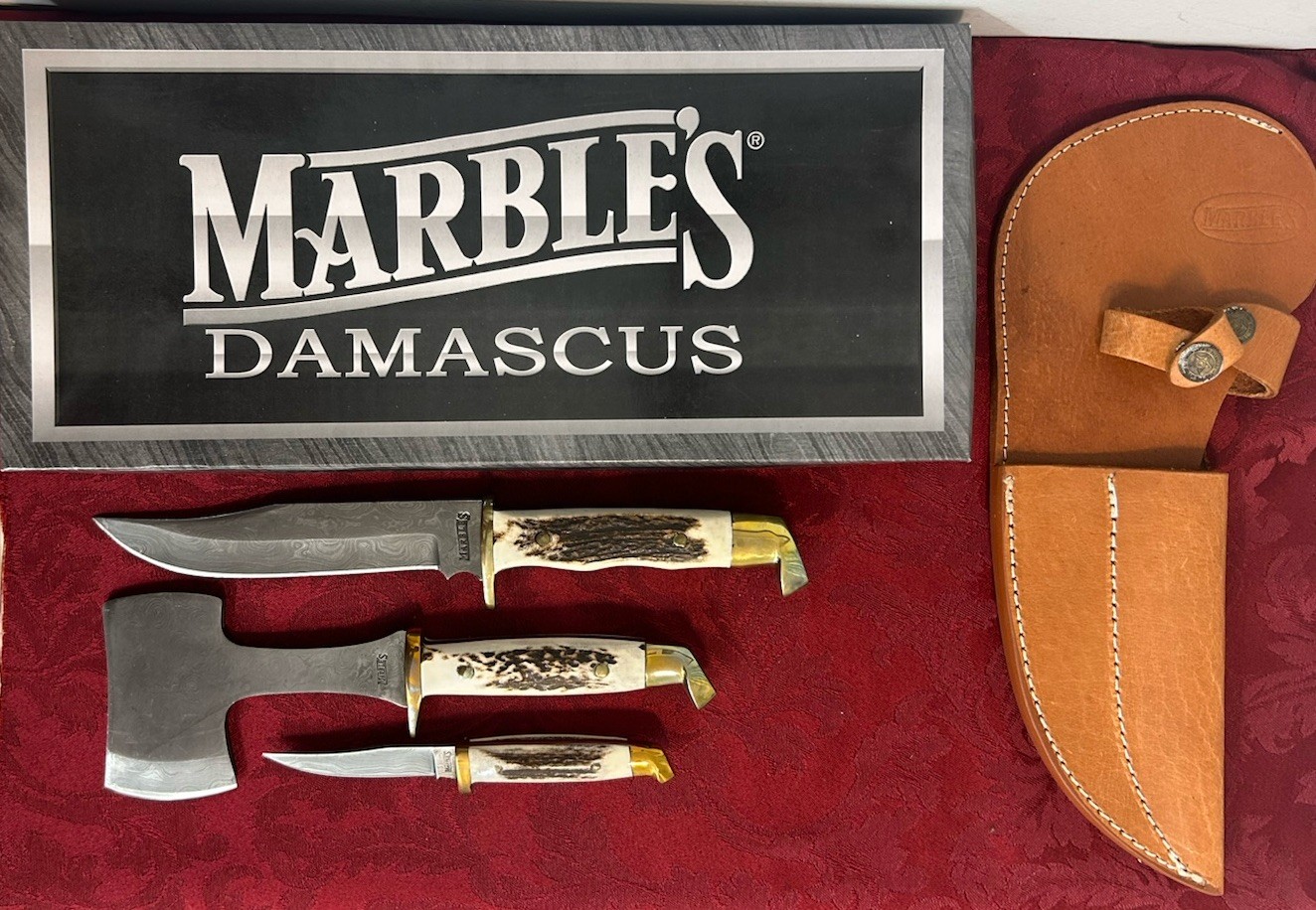 Marbles Damascus Stag Hunting Knives & Hatchet Combo Camp Set Pack New In Box