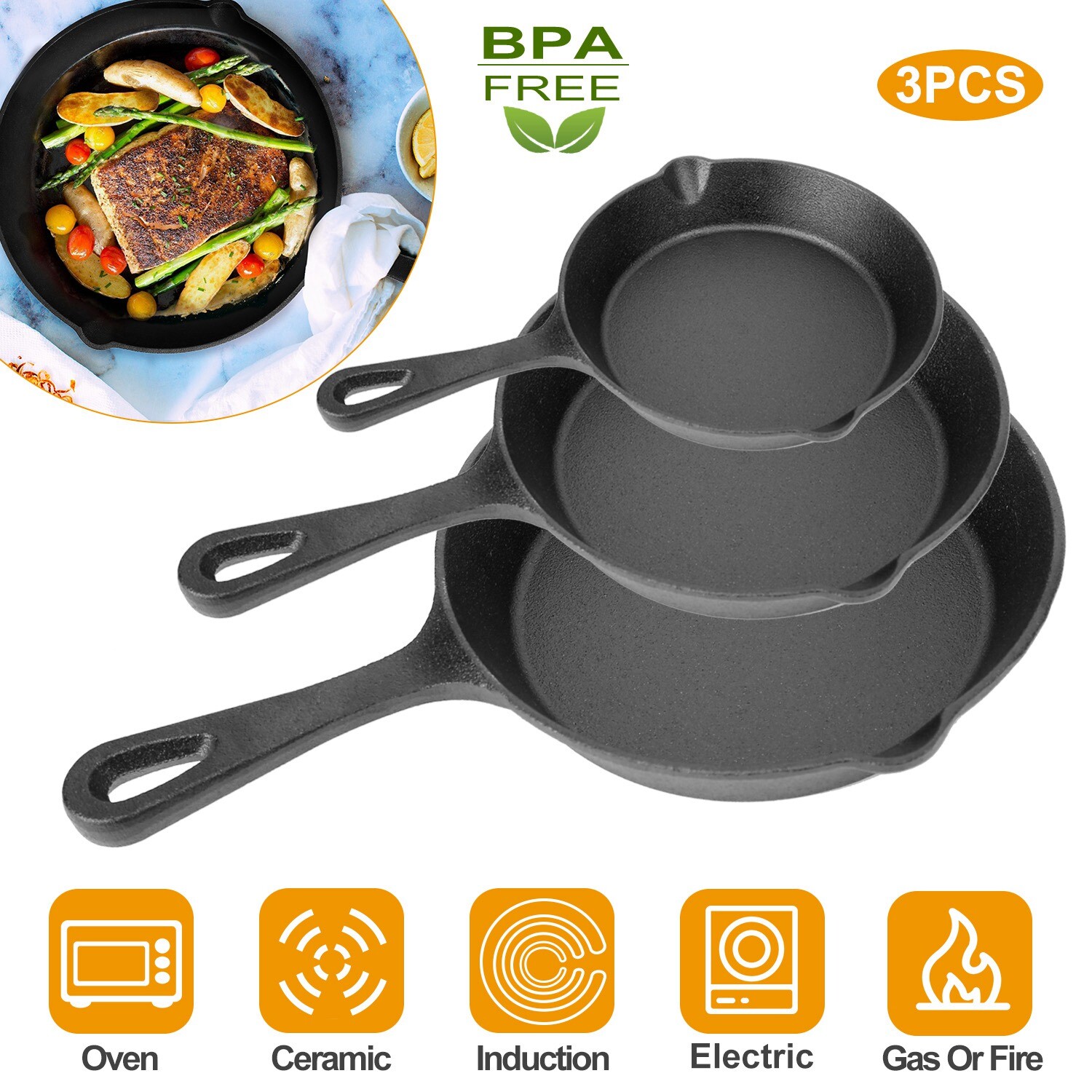 3Pcs Pre-Seasoned Cast Iron Skillet Non-Stick Frying Pan Kitchen Cookware Safe