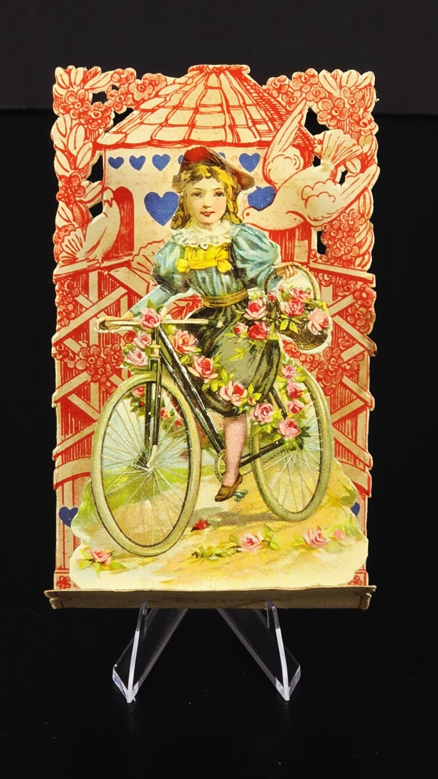 Antique 3D Pop Up Valentine Card Germany Girl Bicycle Roses Die Cut