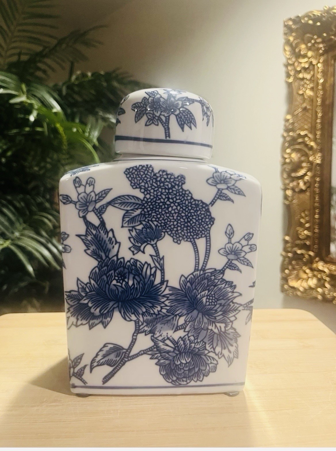 Elegant Blue & White  Porcelain Chinoiserie Floral Square Ginger Jar