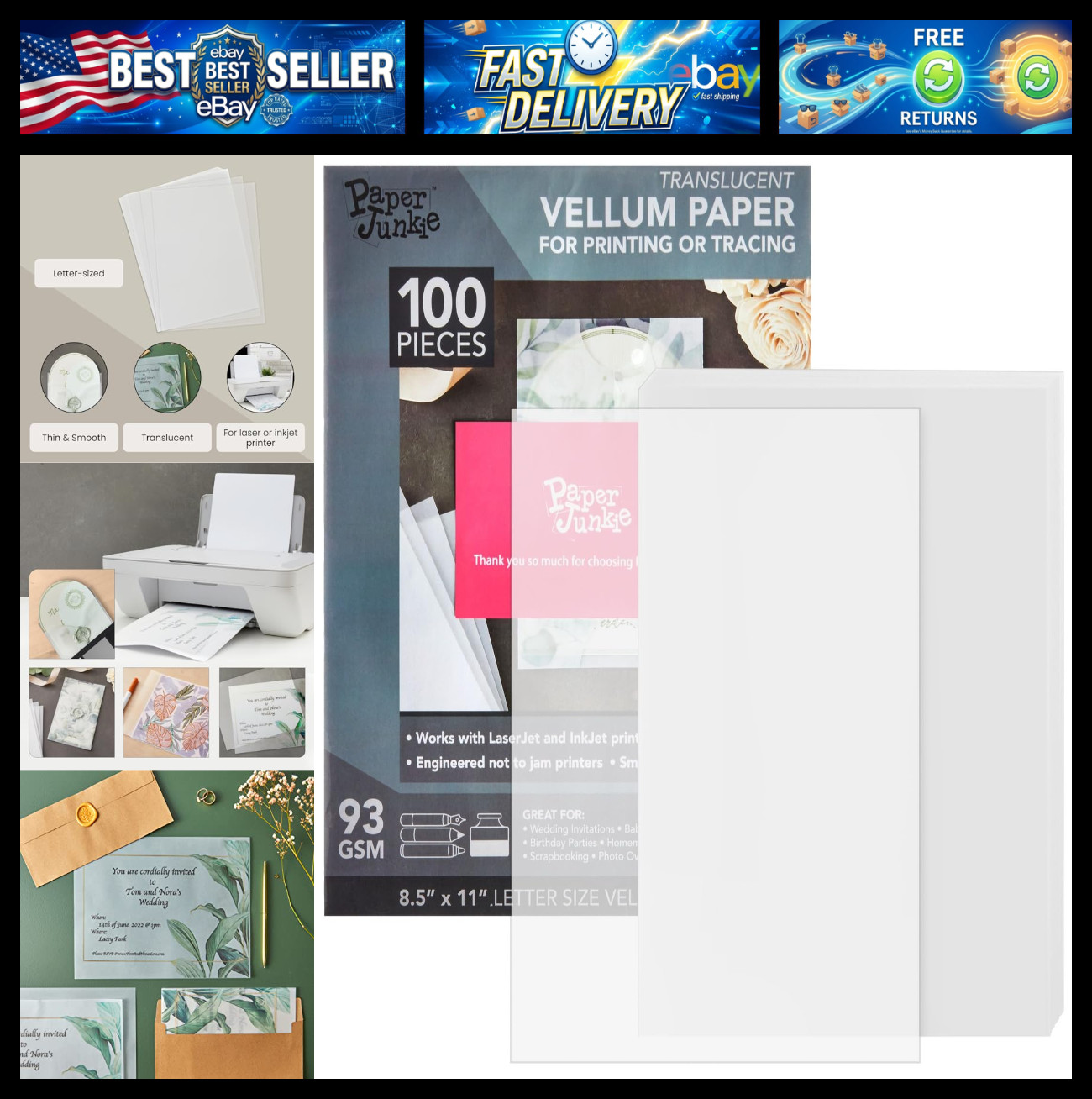 Paper Junkie Vellum Paper - 8.5 x 11 in, 100 Sheets White Translucent & Transpar