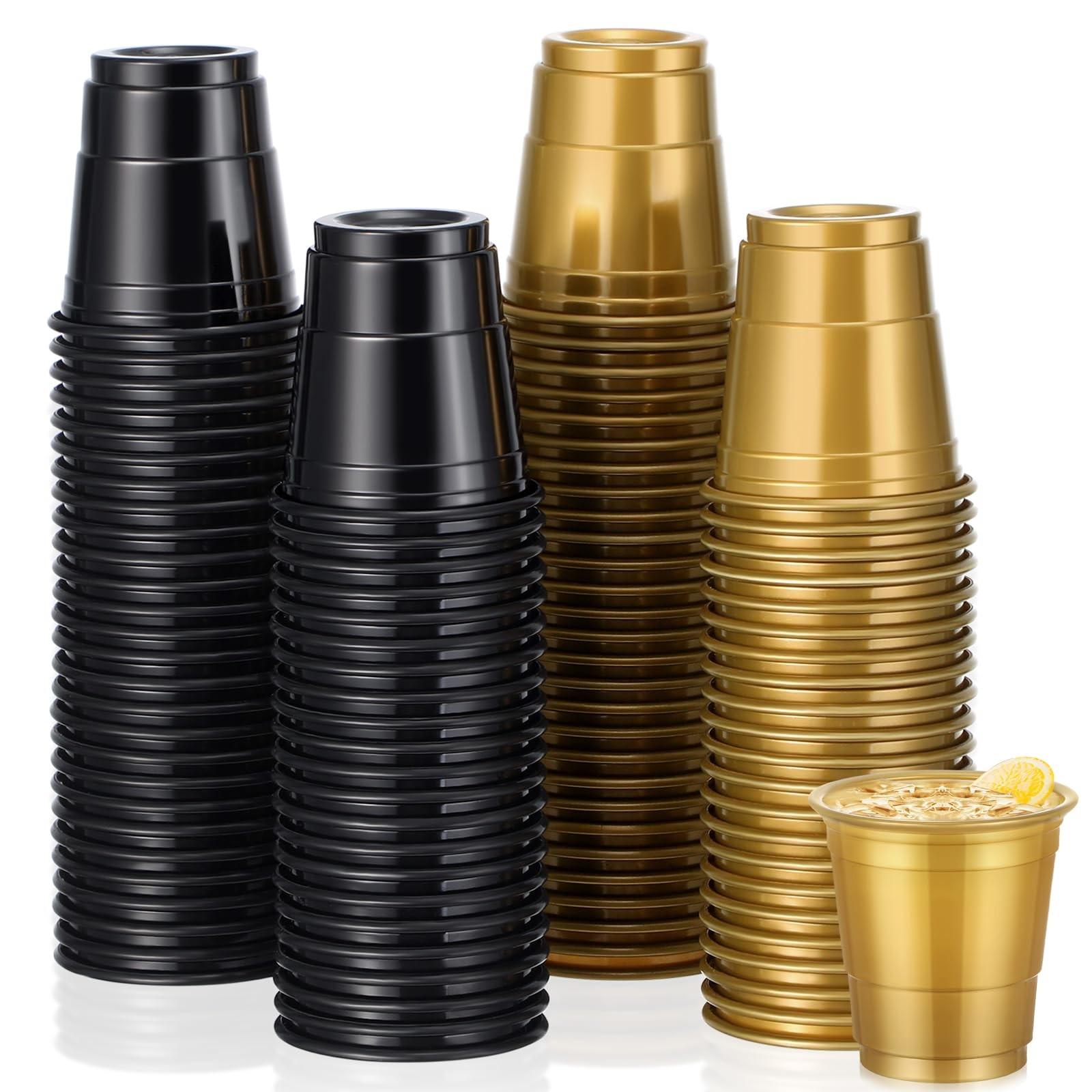 Roshtia 100 Pcs 2 oz Halloween Plastic Shot Cups, about 2 oz, Black, Gold Roshtia 100 Pcs 2 oz Halloween Plastic Shot Cups, about 2 oz, Black, Gold