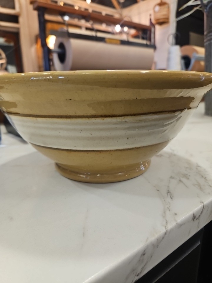 Antique Yellow Ware Stoneware Dough Mixing Bowl Medium 10.5”  With Bands Stripes